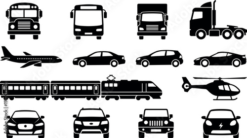 Large collection of transportation silhouettes including cars trucks buses train airplane and helicopter icons isolated on white background for logistics travel and automotive industry design