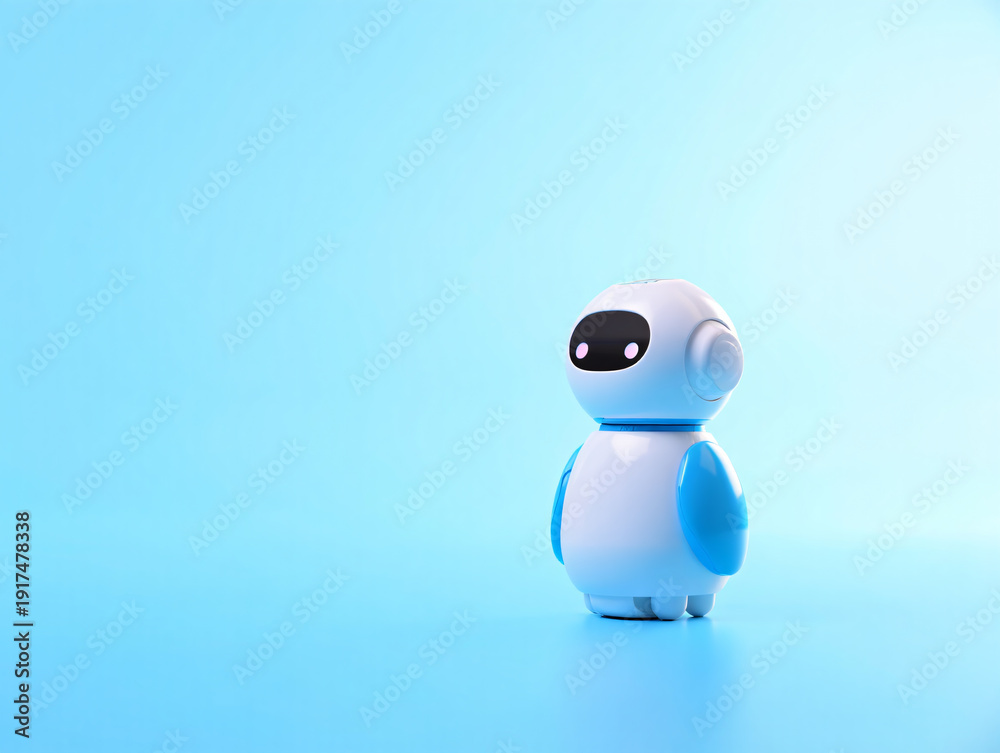 Fototapeta premium Cute robotic toy with large black eyes on blue background standing alone