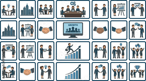 Comprehensive Business Vector Icon Set Featuring Corporate Team Collaboration Financial Growth Meetings Professional Presentations Office Workflow 