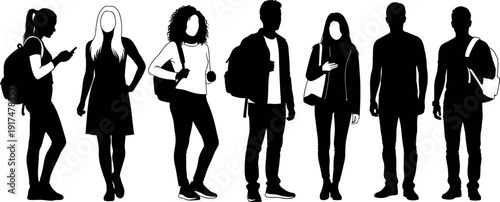 Diverse Group of Young Students Standing in Row Silhouettes Vector Illustration Isolated on White Background