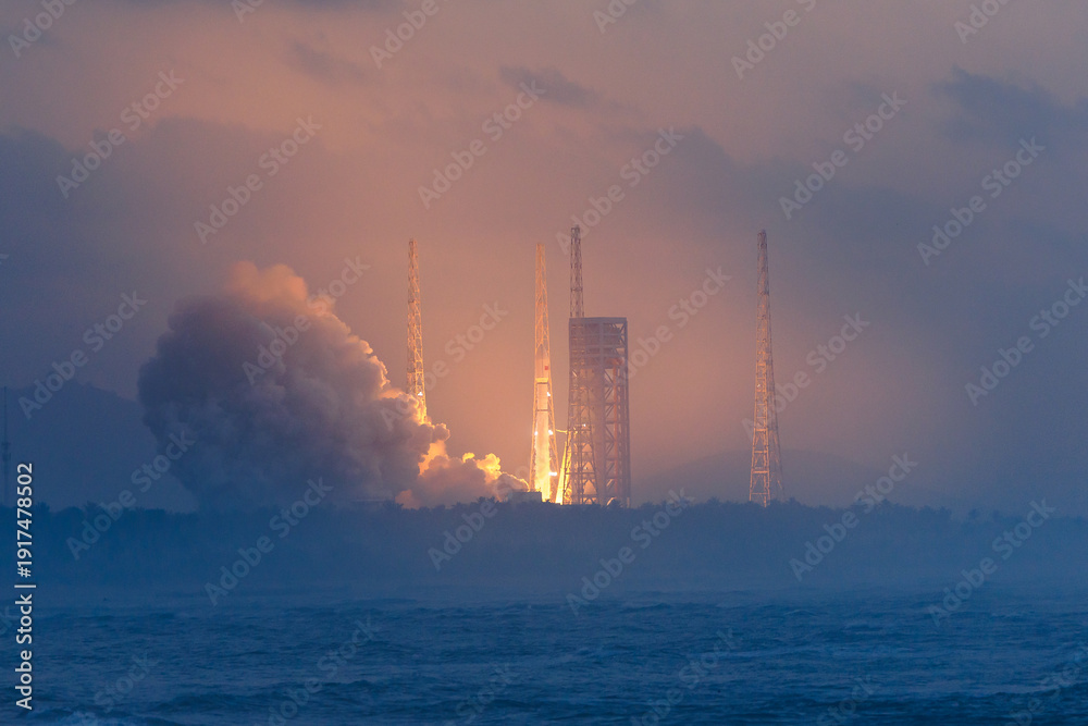 Fototapeta premium Rocket launch at morning with smoky by ocean, Launcher in Wenchang Hainan, China