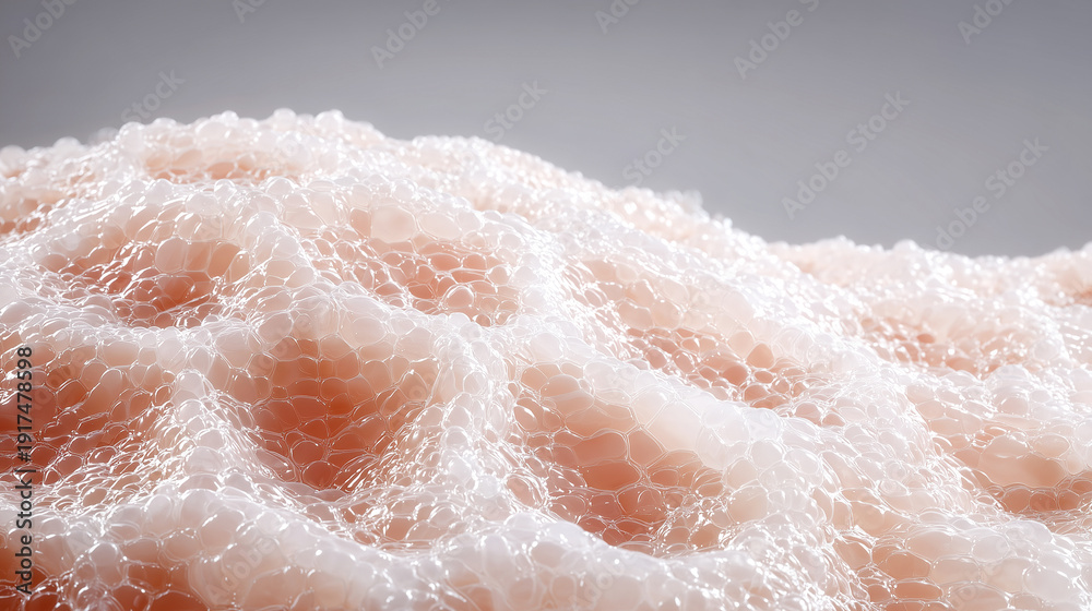 Fototapeta premium Artificial skin tissue foam cellular structure macro closeup. Synthetic biological membrane transplant biotechnology innovation. Regenerative medicine laboratory bioengineered material bubble texture.