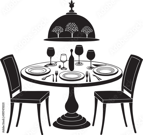 Black and white illustration of a formal dining table setting with two chairs formal setting plates