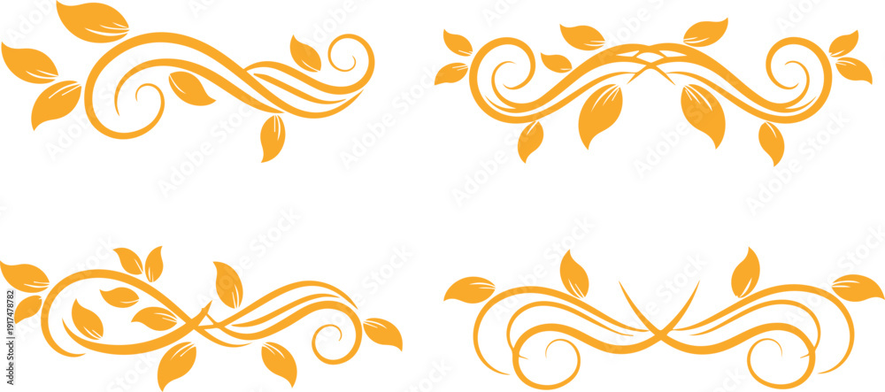 Fototapeta premium Golden autumn leaves swirl elegant floral border vector illustration flat design