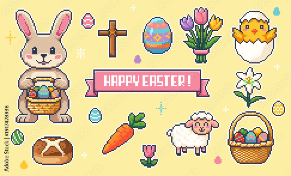 Fototapeta premium A set of pixel art Easter vector stickers: bunny, painted eggs, cross, and flowers. Ideal for holiday game events, seasonal UI badges, and social media design elements.