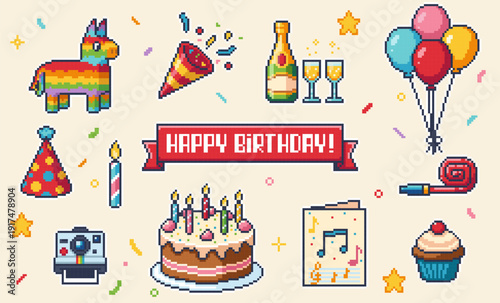 A set of pixel art birthday vector stickers: cake, balloons, piñata, champagne, and party hat. Ideal for holiday game events, celebration UI, and social media design.