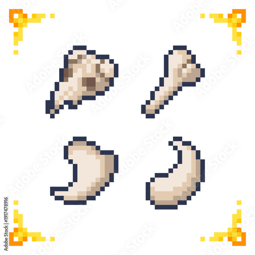 A set of pixel art icons of monster remains: skull, bone, horn, and claw. Ideal for RPG crafting materials, loot drops, and necromancy inventory assets.