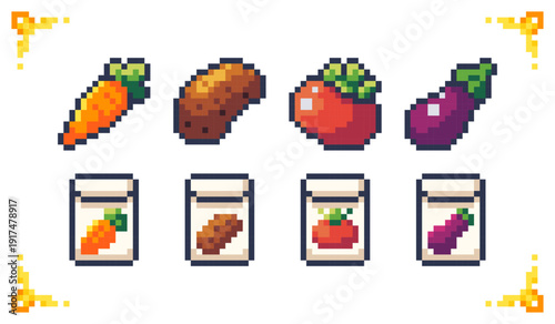 A set of pixel art vegetable and seed icons: carrot, potato, tomato, and eggplant. Ideal for farming simulator inventory, agriculture mechanics, and RPG crop assets.