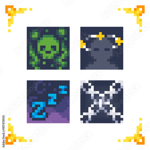 A set of pixel art status effect icons: sleep, poison, stun, and paralysis. Ideal for RPG combat mechanics, debuff indicators, and character UI.