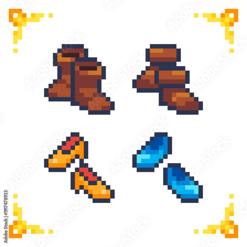 A set of pixel art medieval peasant footwear: leather boots and simple shoes. Ideal for RPG starting gear, NPC clothing, and villager inventory assets.