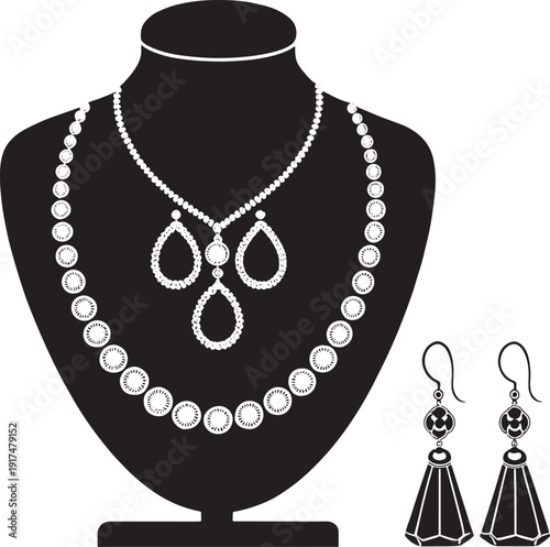 Black and white illustration of pearl necklace and drop earrings on display jewelry pearls