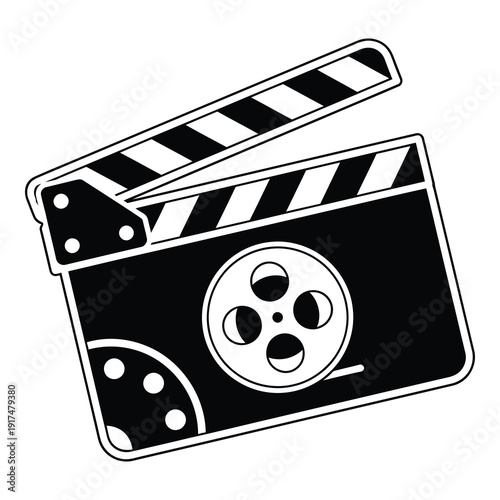 Film clapper board with movie reel illustration for cinema production  movie making tool icon