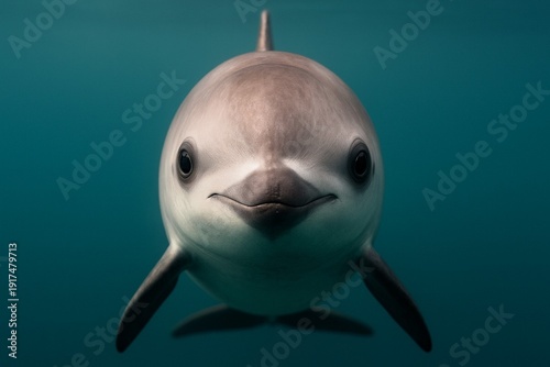 Fotografia Front view portrait of vaquita porpoise face looking at camera underwater