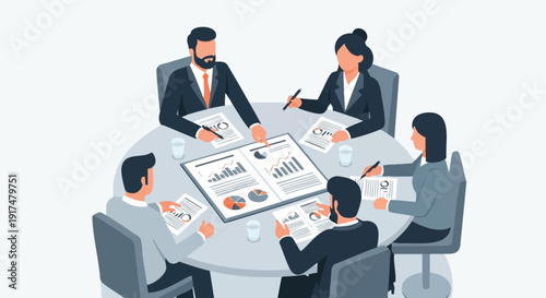 Business meeting with financial analysis and teamwork.