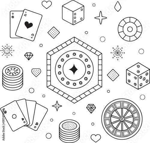 Black and white outline illustration of casino game elements on white background gambling dice