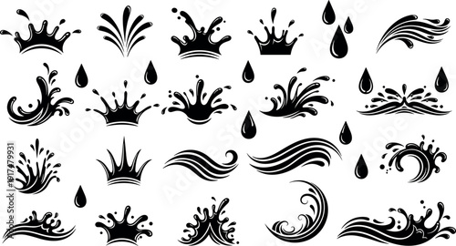 Water Splash Silhouette Vector Collection Set of Black Liquid Drops, Crowns, Waves and Swirls Isolated on White Background