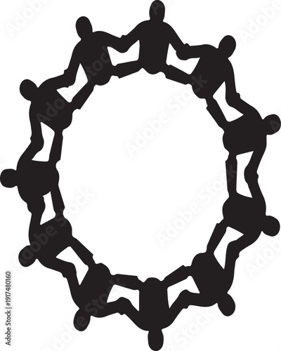 A vector illustration depicts a business team working together as a group of people in a silhouette running competition where men and women athletes race toward a common sports goal