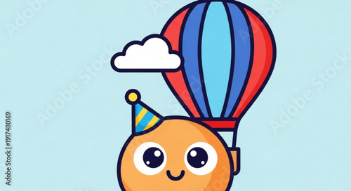 Smiling cartoon face wearing party hat rides colorful hot air balloon under cloudy sky