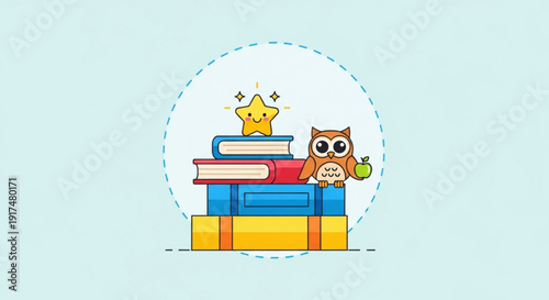 Colorful books with owl and star on top for education and learning concept