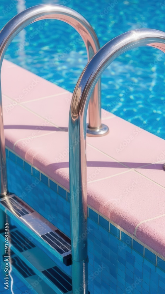 Obraz premium Close-up of shiny chrome ladder rails on edge of bright blue swimming pool with pink tile border