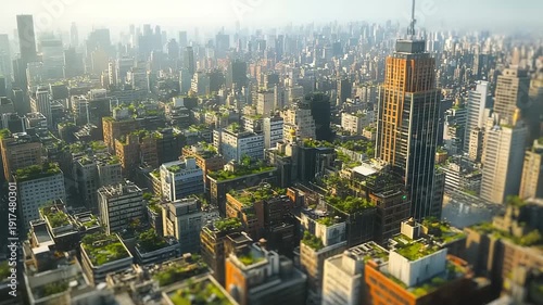 Aerial View of Cityscape with Skyscrapers and Greenery.