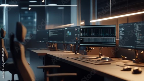 Empty desks with multiple computer monitors displaying data and code in a modern dark server office, symbolizing it infrastructure, network security, and technology operations