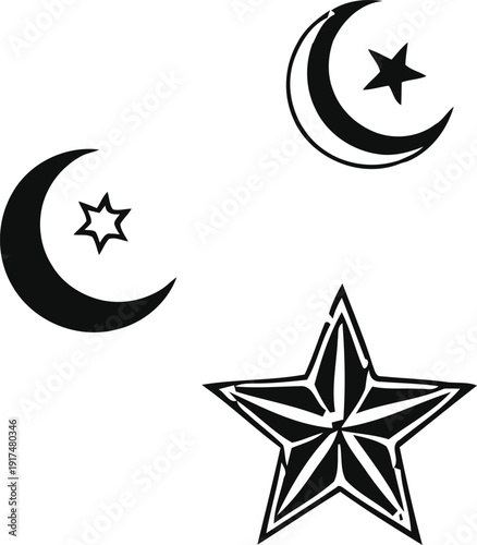 Crescent moons and stars symbolizing islamic faith and culture in simple design
