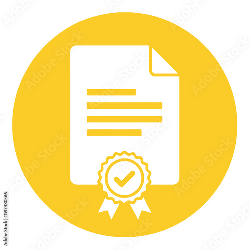 Yellow circle icon of a certified document with a checkmark  business concept icon