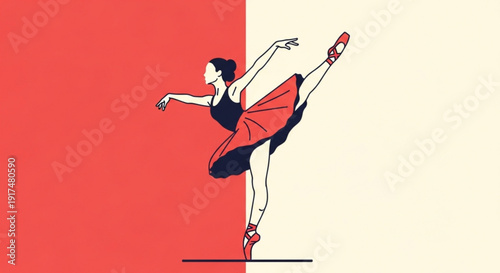 Ballerina in dynamic pose with red and black outfit against split red and beige background conveying elegance and movement in dance