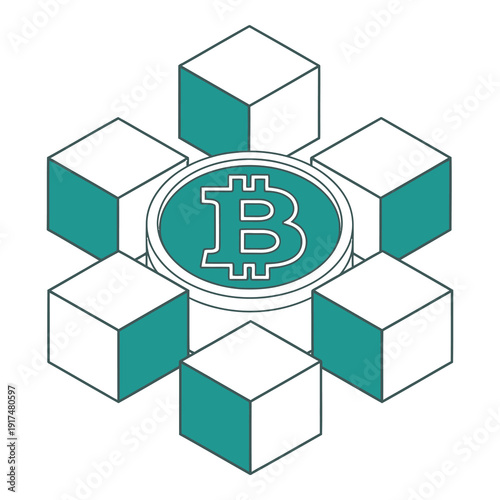 Bitcoin cryptocurrency symbol surrounded by six cubes in white and teal colors icon