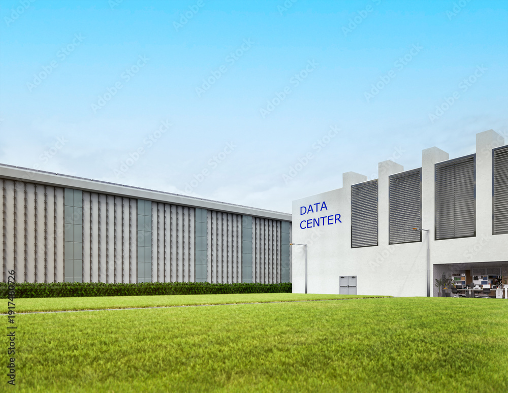 Fototapeta premium Data center building exterior against blue sky