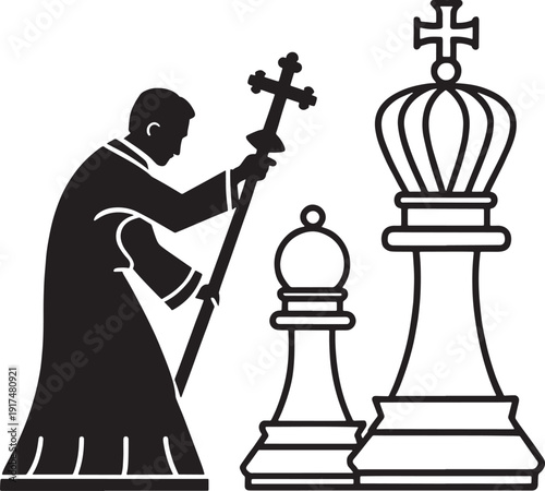 Black silhouette of a figure in robes holding a staff with a cross next to chess pieces king bishop