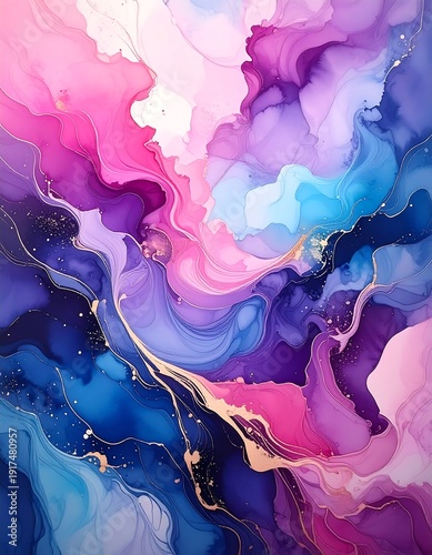 Abstract fluid art with swirling pink, purple, and blue hues, enhanced by delicate gold veining