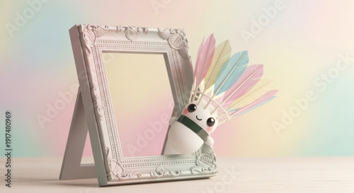 White Photo Frame with Colorful Feathers on Pastel Background