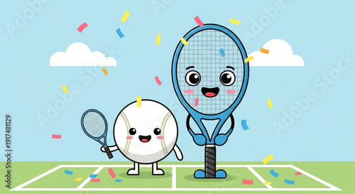 Tennis Racket and Ball Celebrating on Tennis Court with Confetti