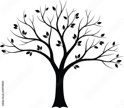 A simple black silhouette of a tree with sparse leaves on a white background.