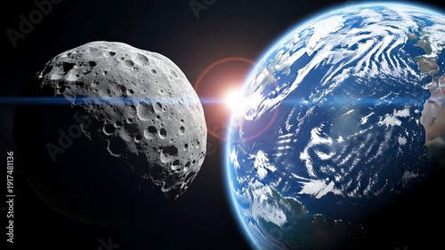 Asteroid passing by earth with sun in background space planet
