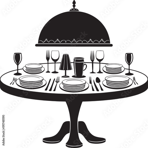 Black silhouette of a round dining table set for a meal with a cloche covered dish round table setting
