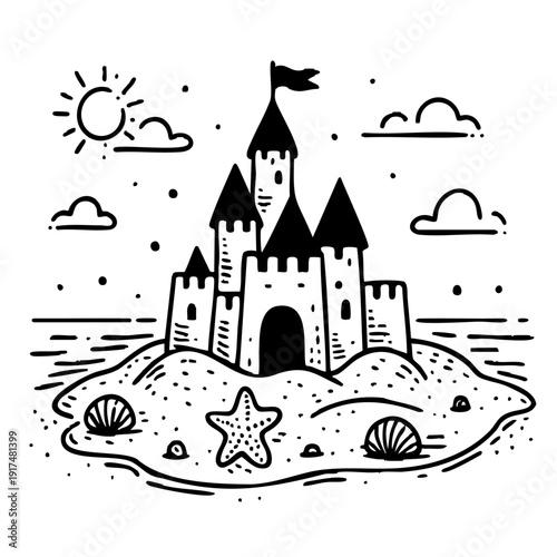 Cute cartoon sand castle on beach with flag towers seashells starfish sun and clouds