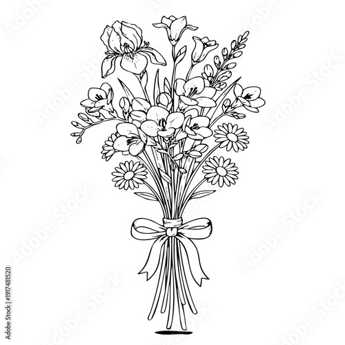 Minimalist floral arrangement featuring iris, freesia, and daisies with ribbon tie for greeting card designs. Ideal for wedding invitations, florist marketing, and craft printable projects.