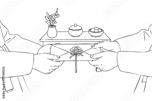 Hands exchanging decorative envelope during harvest festival with table setting for Asian holiday materials. Suitable for Chuseok greeting cards and cultural education content.