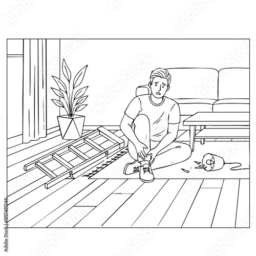 Person on floor after falling from stepladder with broken vase for workplace safety training materials. Ideal for home safety guides and accident prevention educational content.