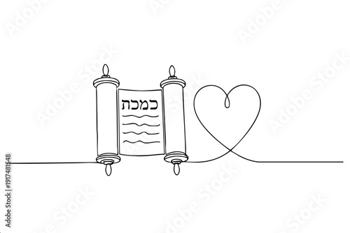 Minimalist single line drawing of Torah scroll with Hebrew text and heart symbol for religious materials. Suitable for synagogue publications and Jewish wedding invitations.