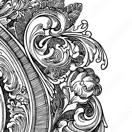 Detailed corner ornament with flowing scrollwork and leaves in classical engraving style for design projects. Ideal for tattoo references, architectural details, and decorative art prints.