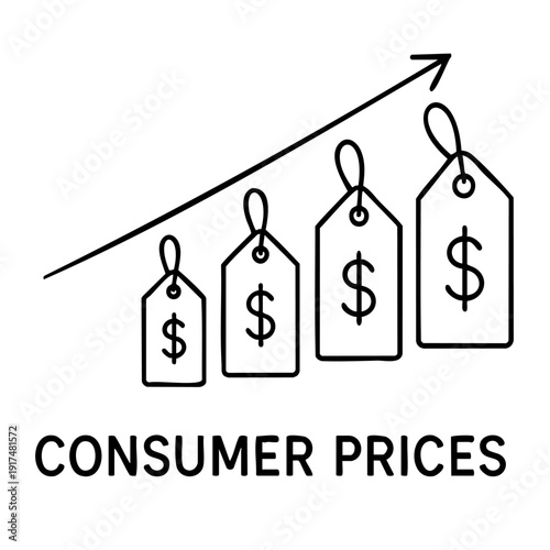 Economic infographic showing increasing price tags with upward arrow for financial news and market analysis. Suitable for economic reports, news articles, and business presentation graphics.