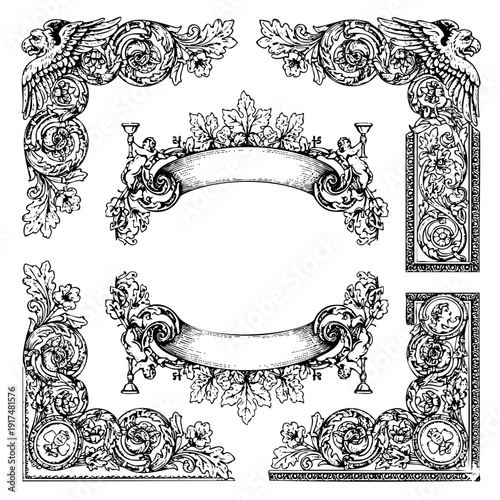 Vintage engraving style decorative corners, banners, and borders with cherubs and acanthus leaves for classical design projects. Ideal for certificate templates and wine labels.