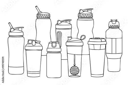 Comprehensive set of gym drink containers with mixing balls and various lid styles for sports marketing visuals. Suitable for fitness app graphics, supplement packaging, and athletic brand materials.