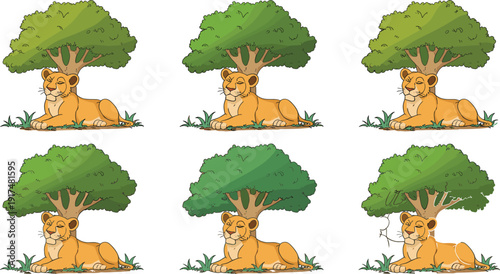 Lioness illustration set, wildlife artwork, tree vector design, safari graphic pack, nature symbol collection, resting animal sketch, spot difference puzzle