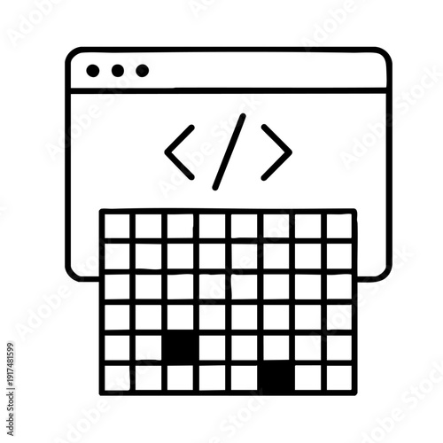 Programming interface illustration showing code brackets in browser with keyboard for tech education content. Perfect for coding bootcamp marketing, developer blogs, and software training materials.