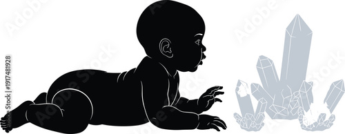 Baby silhouette crawling and reaching crystals, infant curiosity and discovery concept symbolizing growth, learning and imagination isolated on white background